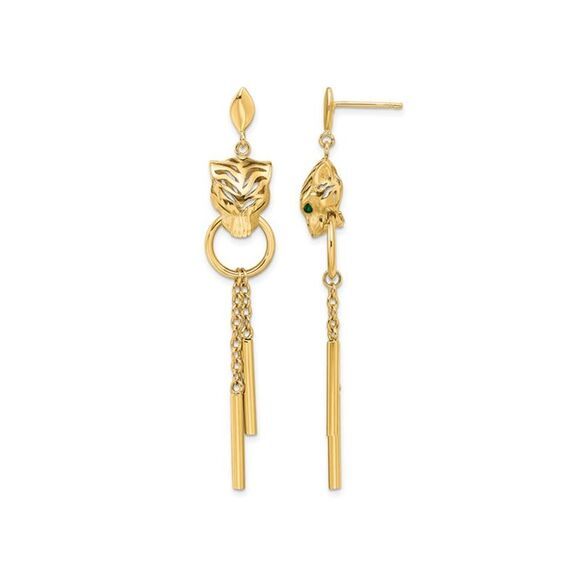 14K Yellow Gold Tiger Animal Dangle Earrings